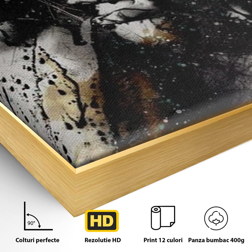 Detaliu al suprafetei: tablou canvas cu silueta feminina si culori abstracte, in rama de aluminiu auriu